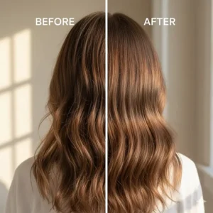 Split image comparing dry, frizzy hair with smooth, healthy hair after using unscented tallow soap.