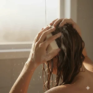 Person gently lathering their hair with unscented tallow soap during a natural hair care routine.