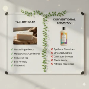 Comparison chart or graphic detailing the benefits of using unscented beef tallow soap for hair versus conventional shampoos.