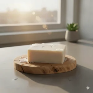 Unscented beef tallow soap on a minimalist wooden dish in a naturally lit bathroom setting.