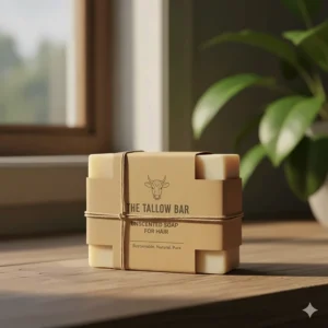 Eco-friendly, minimal packaging for a bar of unscented beef tallow soap, emphasizing sustainability.