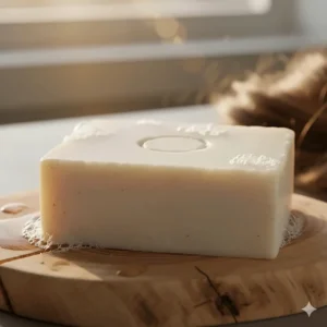 Close-up of a plain, unscented beef tallow soap bar showing its creamy texture and rich lather potential.