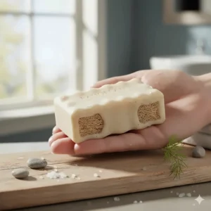 Demonstrating the comfortable size of the 5 oz Baudelaire bar soap in a hand, showing the convenient shape.