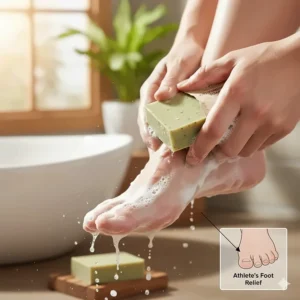 Diagram of a foot being washed with antifungal soap, focusing on preventing and treating athlete's foot.
