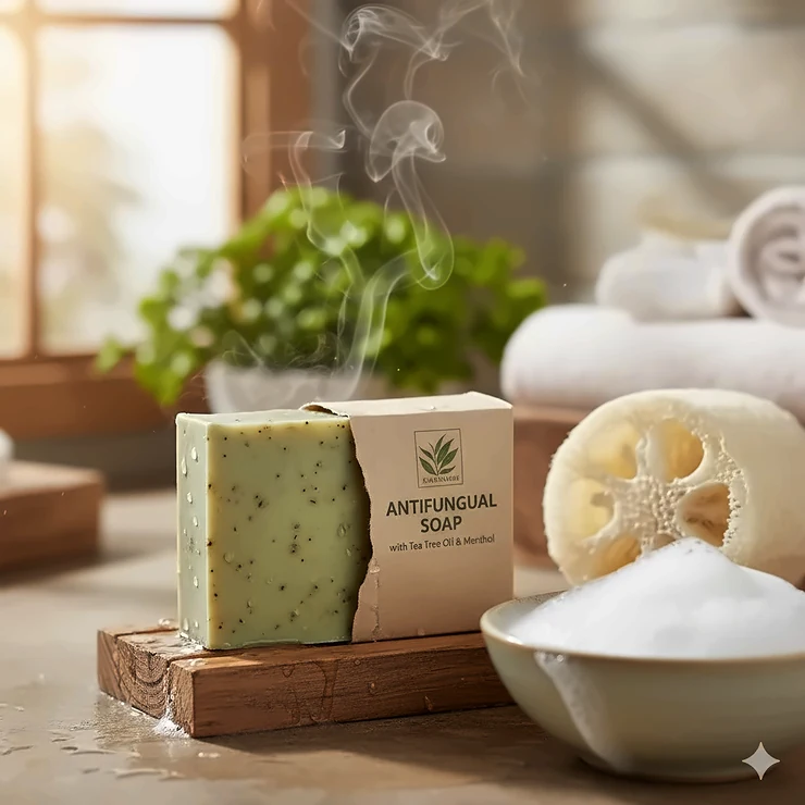 Antifungal soap bar next to a loofah, showing lather and a clear focus on the product's packaging and quality.