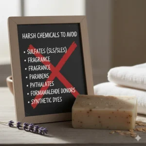 A visual warning or list of harsh chemicals to avoid in cleansing products when searching for a safe soap for sensitive skin.