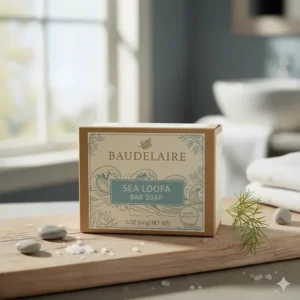 Close-up of Baudelaire sea loofa soap packaging, highlighting the 5 oz weight and natural ingredients.