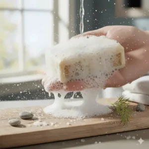 Luxurious foam and rich lather created by the Baudelaire sea loofa bar, indicating high-quality cleansing.