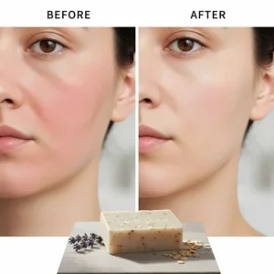 A graphic illustrating the benefits of using a gentle cleansing soap for easily irritated skin, showing reduced redness and inflammation.