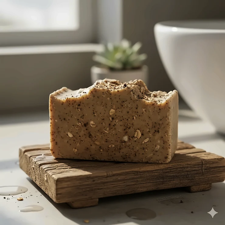 A close-up shot of a natural bar of exfoliating soap resting on a wooden tray, highlighting the visible exfoliating particles.