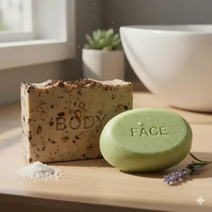Two different exfoliating soaps, one labeled for the body with larger particles and one for the face with finer grains.