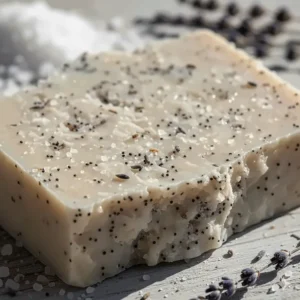 Close-up of the rough texture of the sea salt soap bar, showing the visible salt granules for deep cleansing.