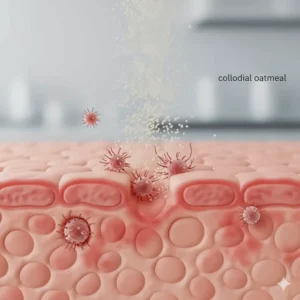Diagram illustrating how colloidal oatmeal in the soap reduces skin redness and provides anti-inflammatory benefits.