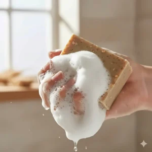 A hand holding the oat soap bar creating a rich, creamy white lather, demonstrating its moisturizing and gentle cleansing properties.