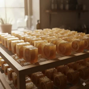Freshly made bars of loofah soap resting on a curing rack, waiting to be fully hardened and ready for use.