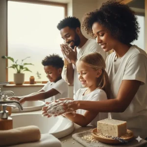 A family enjoying the benefits of oatmeal soap for daily use, suitable for all sensitive and normal skin types.