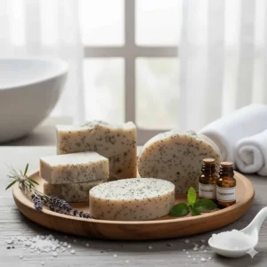 Decorative display of sea salt soap bars on a wooden tray in a modern, spa-like bathroom setting.