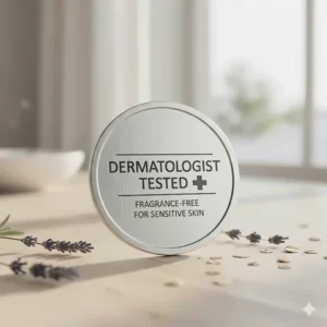 A badge or icon indicating that the sensitive skin soap is dermatologist-tested and fragrance-free for maximum safety.