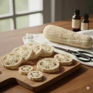 Dried and cut slices of loofah gourd ready to be placed in molds to make homemade exfoliating soap bars.