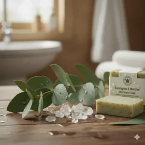 Eucalyptus leaves and menthol crystals, showing the soothing and cooling components of the soap.