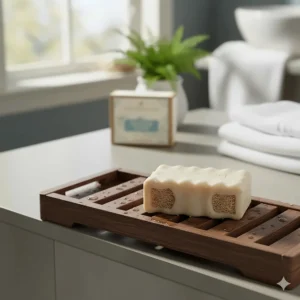 The Baudelaire bar soap resting on a wooden caddy in a shower setting, suggesting daily use.