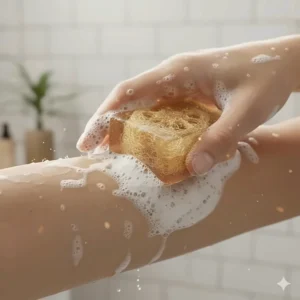 A hand demonstrating how the exfoliating loofah soap gently removes dead skin cells during a shower.