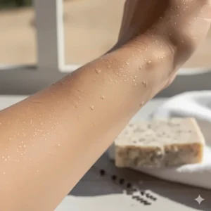 Skin after using exfoliating sea salt soap, showing a refreshed, smooth, and healthy glow.