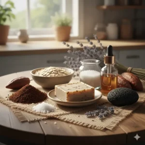 A visual breakdown showing common natural ingredients like coffee grounds and oatmeal used in a gentle exfoliating soap.