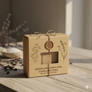 An attractive, eco-friendly package containing an artisanal exfoliating soap bar ready for sale.