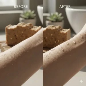 Before-and-after image showing visibly smoother, glowing skin after regular use of a quality exfoliating soap.