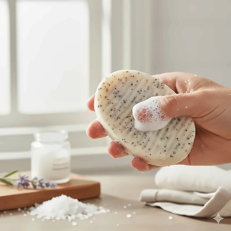 Hand holding a bar of natural sea salt soap with a creamy lather, emphasizing the exfoliation benefits.