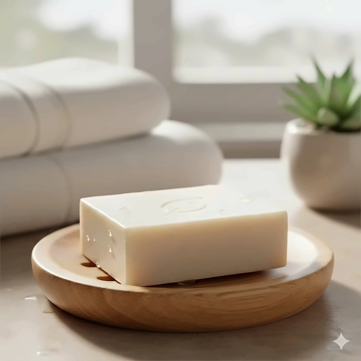 A clean, minimalist bar of fragrance free soap resting on a wooden dish, emphasizing its purity and gentle nature for sensitive skin.