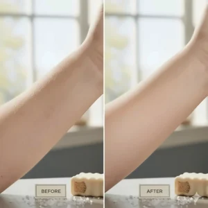 An illustrative comparison showing the smooth skin results after using the Baudelaire sea loofa 5 oz soap.