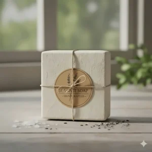 Beautifully wrapped, artisanal handmade sea salt soap bar with an eco-friendly label.