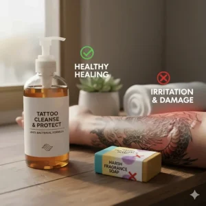 A visual contrast showing how harsh soap (non-antibacterial or scented) can irritate and damage a new tattoo, stressing the need for specialized anti bacterial soap.