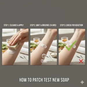 A step-by-step diagram on how to patch test a new soap for sensitive skin to prevent a full allergic reaction.