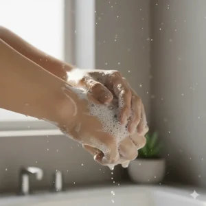 A person gently lathering their skin with an exfoliating soap bar in the shower, demonstrating proper technique.