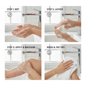 Step-by-step visual instructions on the correct way to use and apply medicated soap to the affected areas of the skin.