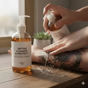 Close-up shot of someone gently applying anti bacterial soap and lukewarm water to wash a new tattoo during the crucial cleaning phase.