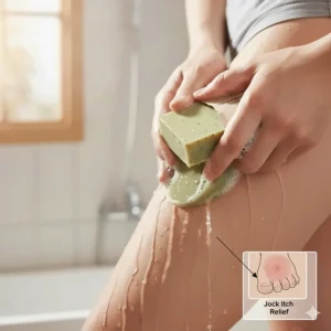 A person using the soap after a workout for relief from jock itch and odor.