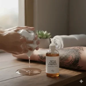 Image demonstrating how to create a gentle lather with a fragrance-free anti bacterial soap in the hands before applying it to the fresh tattoo.
