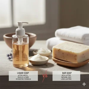 A comparison graphic showing the differences between a liquid and a bar soap for sensitive skin, focusing on pH balance and lather.