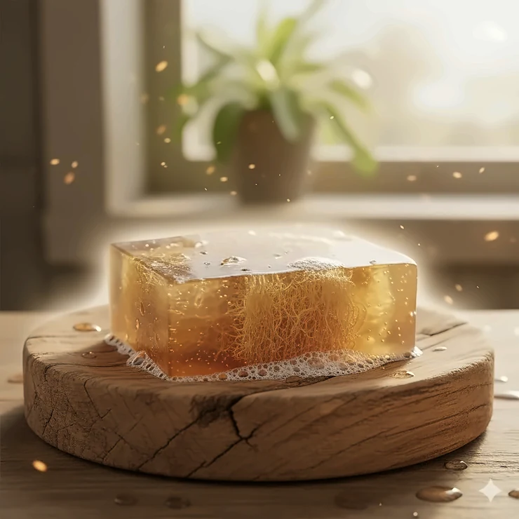 A beautiful, handmade loofah soap bar with a natural yellow tint sits on a rustic wooden soap dish, emphasizing its texture and exfoliating qualities.