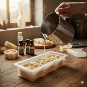 Step-by-step image of the soap making process: pouring melted base into a mold to create DIY loofah soap.