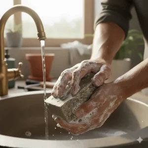 Image of a mechanic's or gardener's dirty hands being easily cleaned with heavy-duty pumice soap for tough dirt removal.