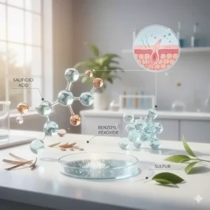 Diagram illustrating the active ingredients in medicated soap, such as salicylic acid and benzoyl peroxide, used to treat skin issues.