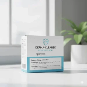 Photograph of the official packaging for a brand of medicated soap, highlighting the safety and usage label information.