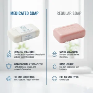 A chart comparing medicated soap and regular soap, highlighting their different purposes and cleansing actions.