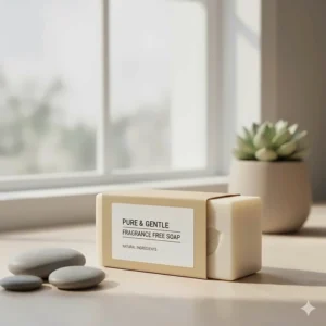 A photograph of the simple, eco-friendly packaging used for a premium, unscented soap bar, appealing to minimalist consumers.