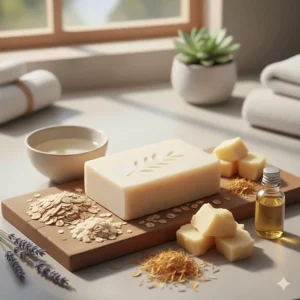 A visual breakdown of natural, gentle ingredients, such as oatmeal or shea butter, often found in fragrance free soap products.